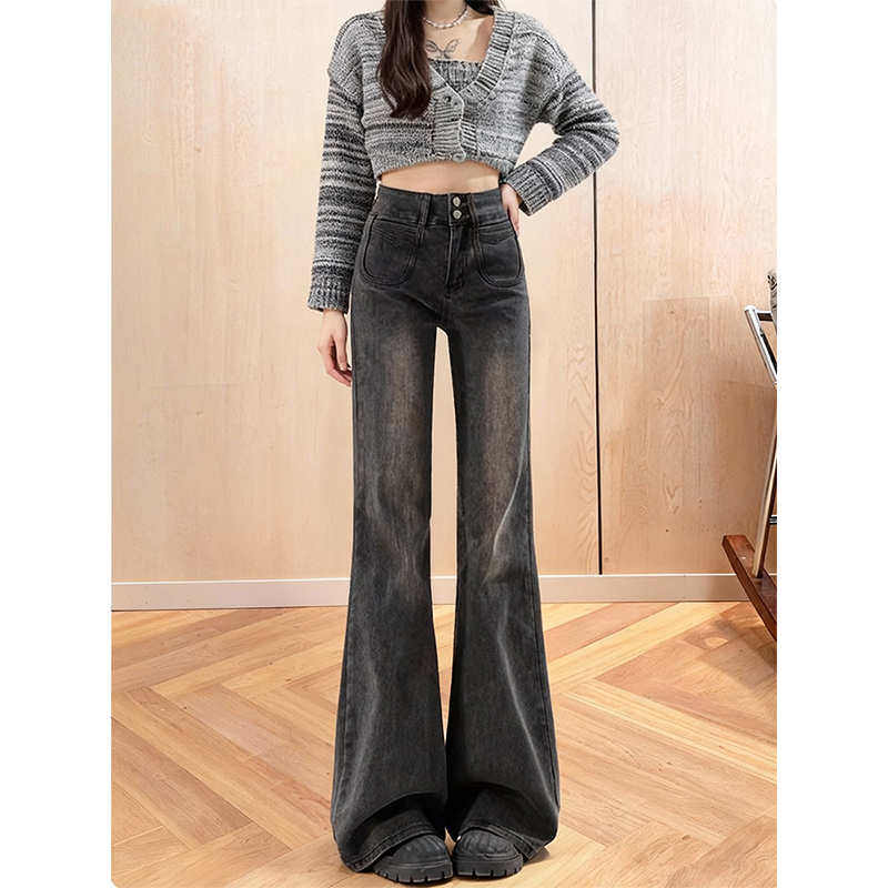 美式复古时尚高腰加绒微喇牛仔裤