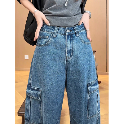 美式酷飒风多口袋工装阔腿牛仔裤