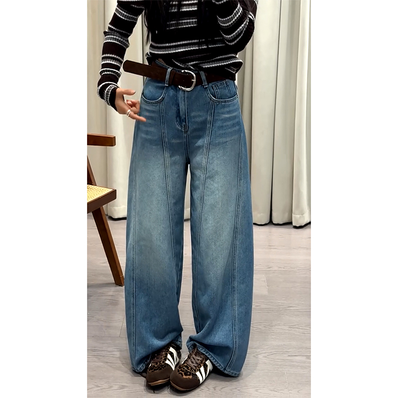 加绒加厚设计拼接弯刀牛仔裤女