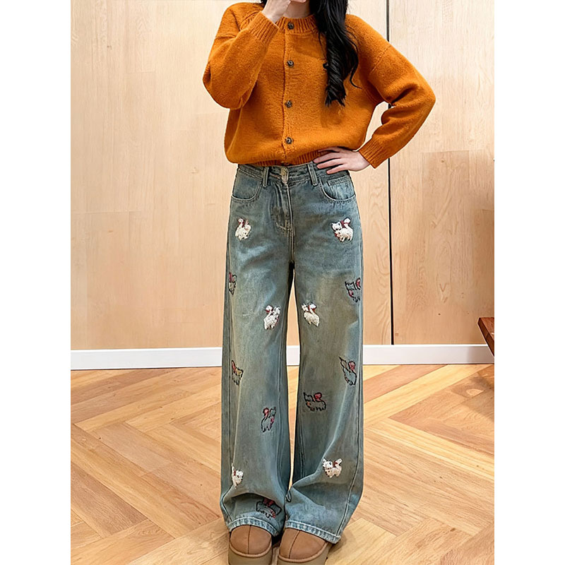 刺绣阔腿牛仔裤女宽松显瘦百搭