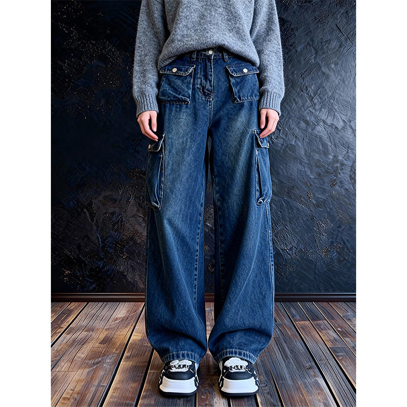大码复古多口袋工装牛仔裤女2025冬季新款高腰阔腿直筒百搭休闲裤,女装/女士精品,大码裤装,淘宝优惠券,粉丝福利购,淘宝优惠卷