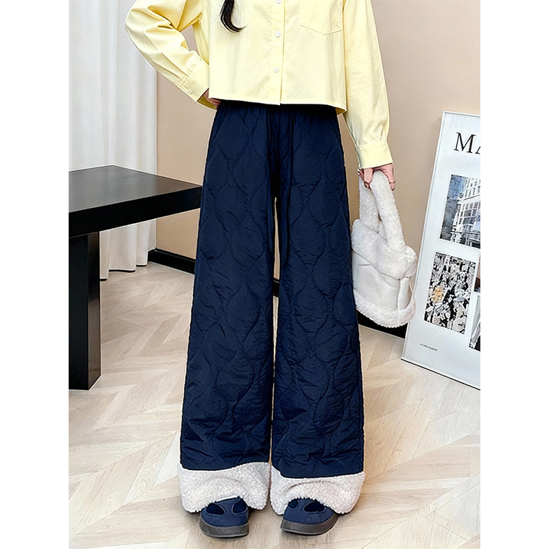 韩版时尚菱格纹深蓝色阔腿裤女
