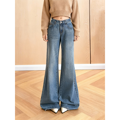 加绒加厚做旧低腰微喇牛仔裤女