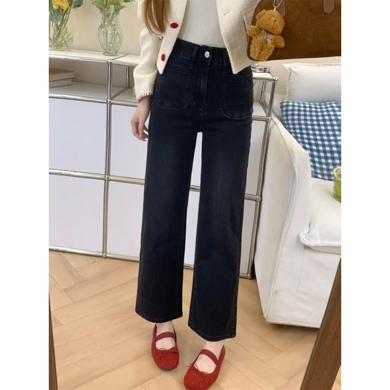小个子高腰弹力黑色直筒牛仔裤女