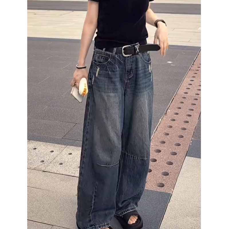 大码美式复古阔腿牛仔裤女2025秋