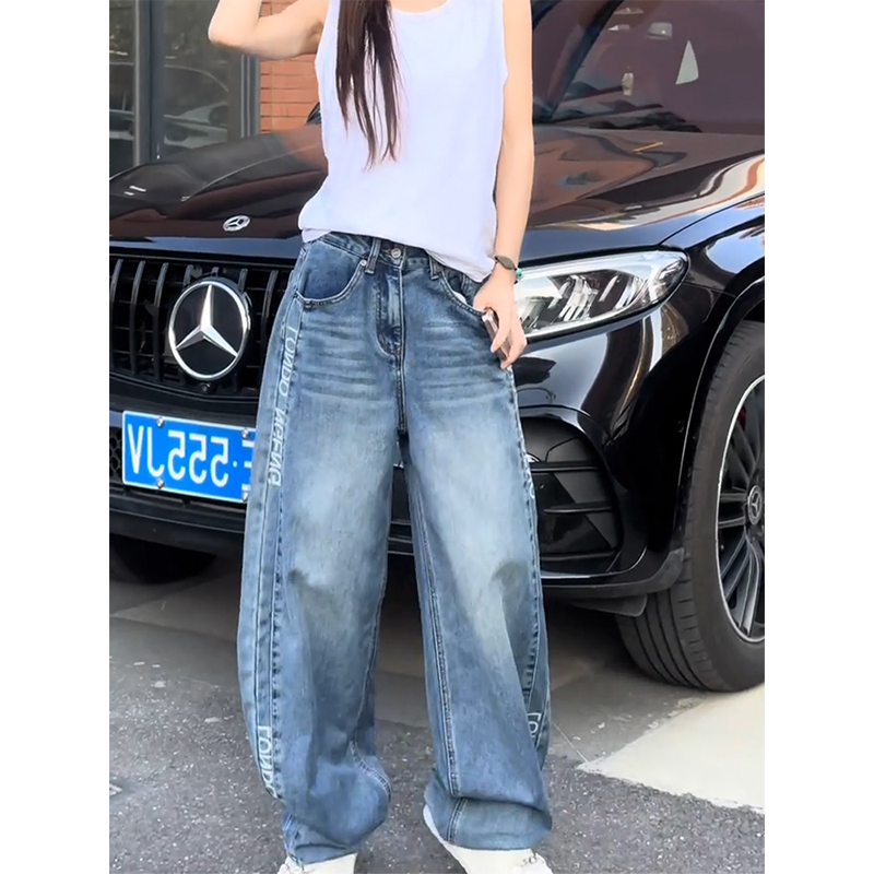 大码美式侧边字母弯刀阔腿牛仔裤