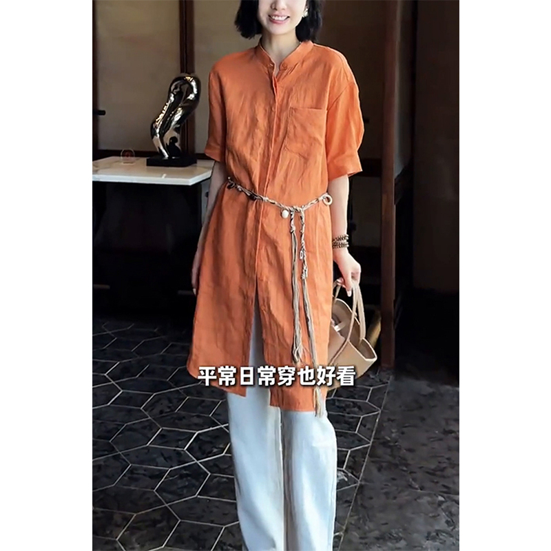 老钱风舒适亚麻通勤优雅衬衫裙女