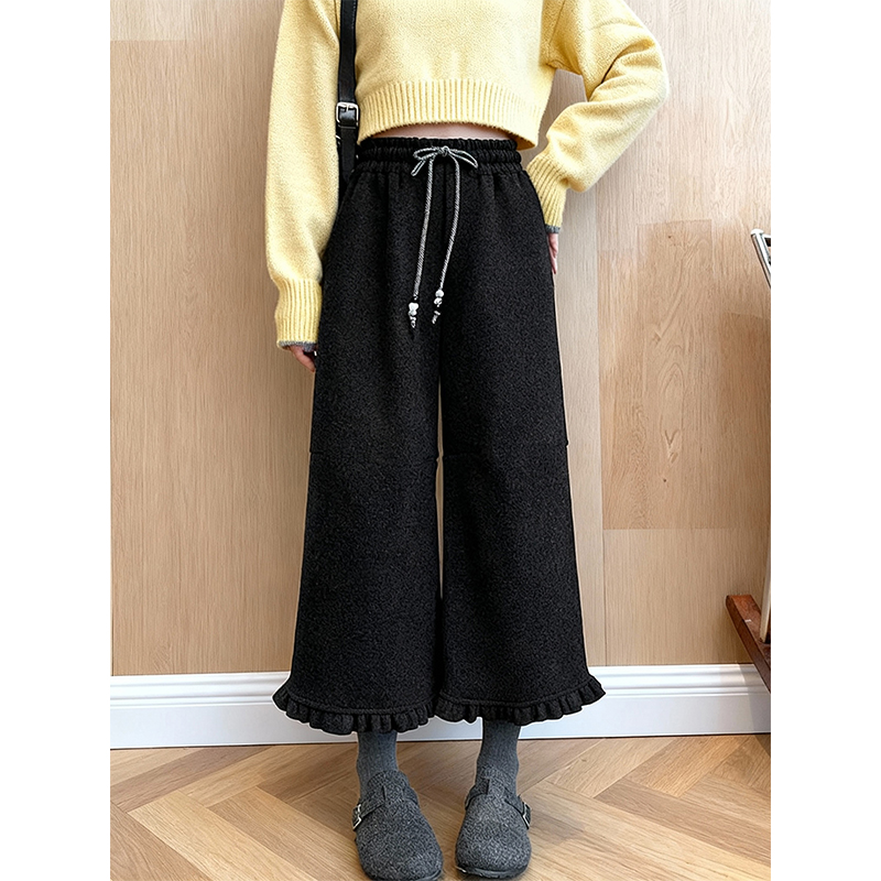 加绒加厚复古休闲花边阔腿裤女