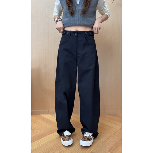 加绒极简风2025秋冬黑青色休闲裤