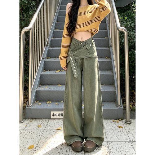 美式复古绿色显瘦工装阔腿裤女秋