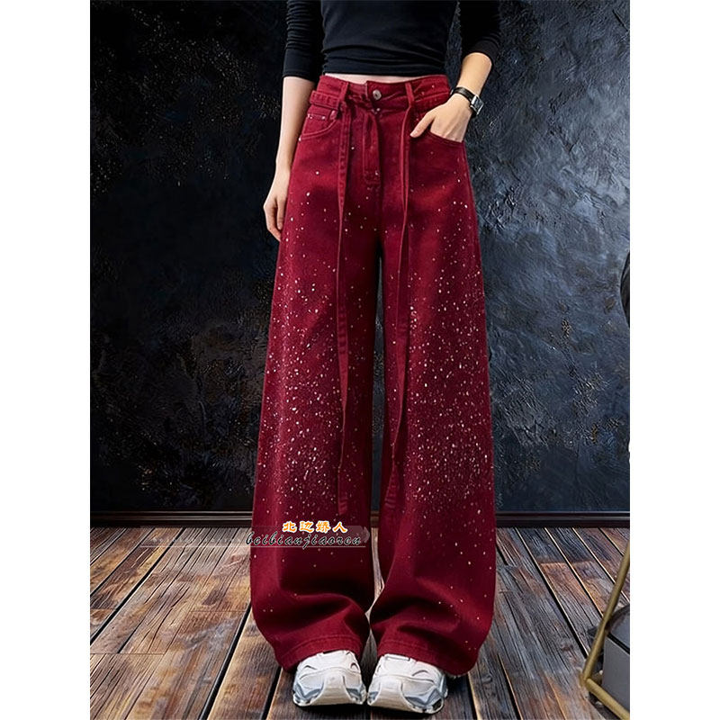 美式满天星烫钻牛仔阔腿裤女2026早春大码宽松显瘦百搭垂感弯刀裤,女装/女士精品,大码裤装,淘宝优惠券,粉丝福利购,淘宝优惠卷