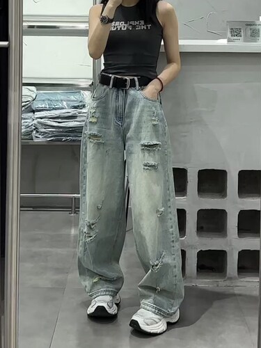 高腰时尚复古宽松牛仔裤女