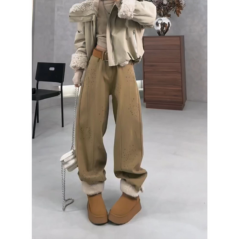 加厚加绒烫珠设计弯刀裤牛仔裤女
