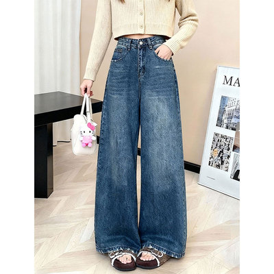 美式复古高腰阔腿牛仔裤