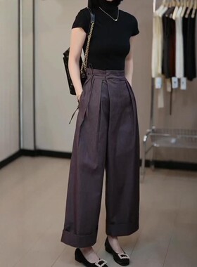 小个子九分紫色休闲裤女2026春季新款复古小众压褶设计百搭阔腿裤