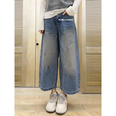 高腰宽松显瘦八分阔腿裤 早春新款 2026大码 女装 韩版 甩漆做旧牛仔裤