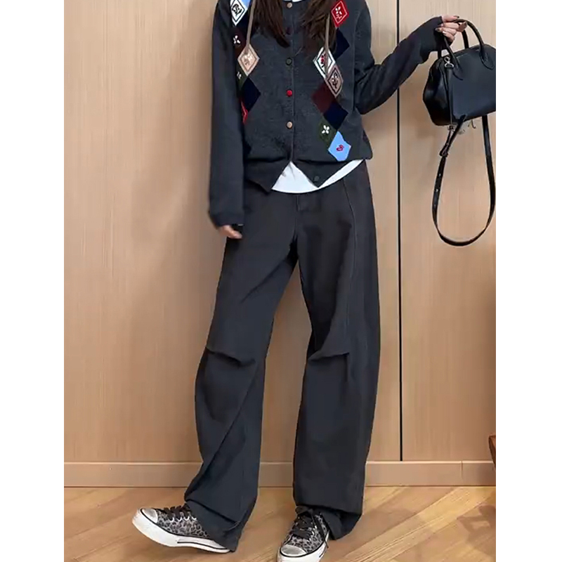 美式灰色工装阔腿牛仔裤女2025秋