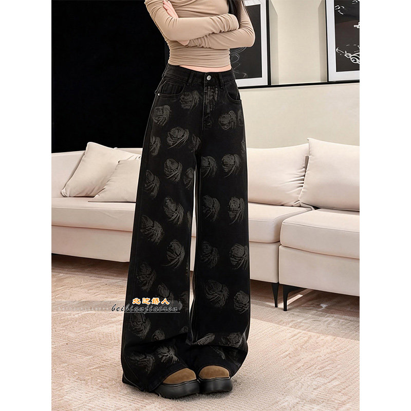韩系高级感黑色印花阔腿裤女2026春季新款高腰宽松垂感百搭直筒裤,女装/女士精品,大码裤装,淘宝优惠券,粉丝福利购,淘宝优惠卷