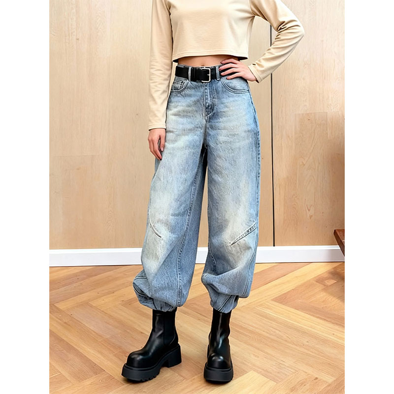 高腰弯刀牛仔裤女大码休闲裤