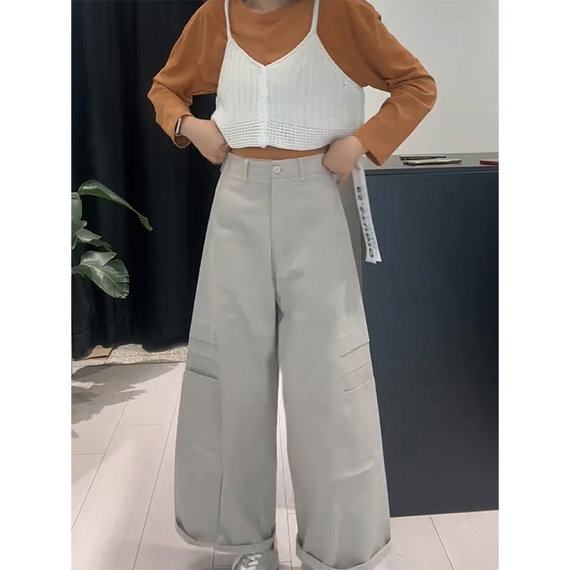 杏色简约慵懒风工装休闲裤子女