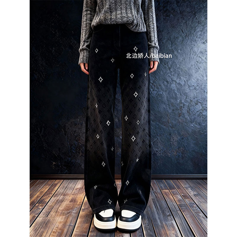 美式重工烫钻阔腿牛仔裤女2026早春大码时尚百搭通勤显瘦直筒长裤,女装/女士精品,大码裤装,淘宝优惠券,粉丝福利购,淘宝优惠卷