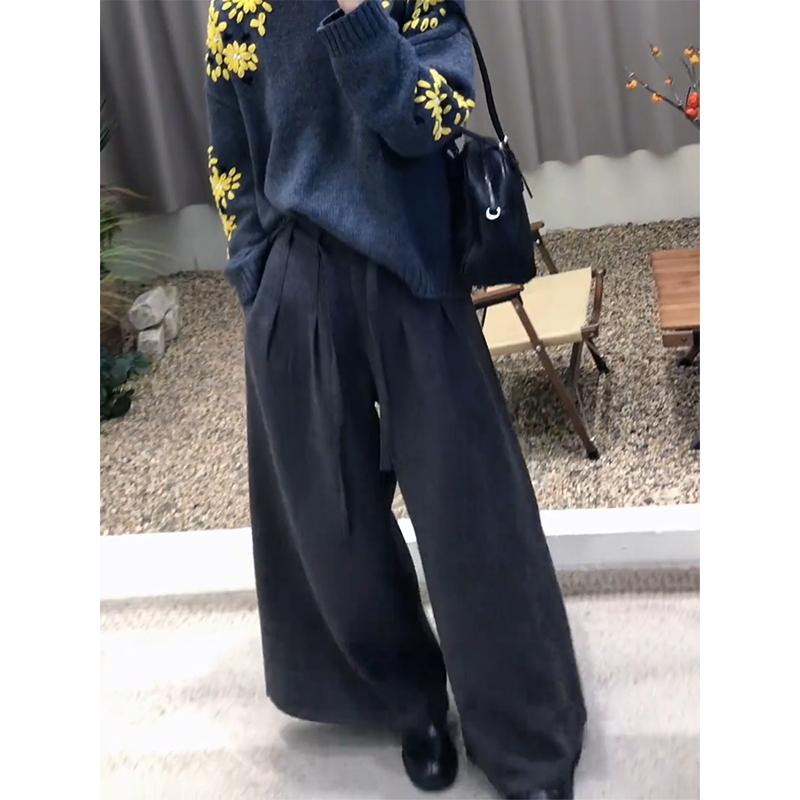 极简风深灰色加厚毛呢阔腿休闲裤