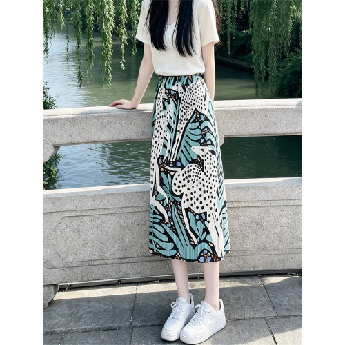 设计感时尚洋气印花褶皱半身裙女