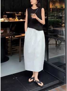 温柔风2026夏季新款白色花苞半身裙女气质显瘦小众后开叉工装裙子