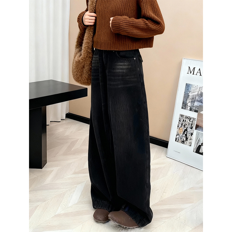 加绒加厚黑色猫须牛仔裤女2025冬