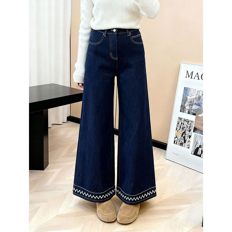 深蓝色刺绣阔腿牛仔裤女高腰显瘦