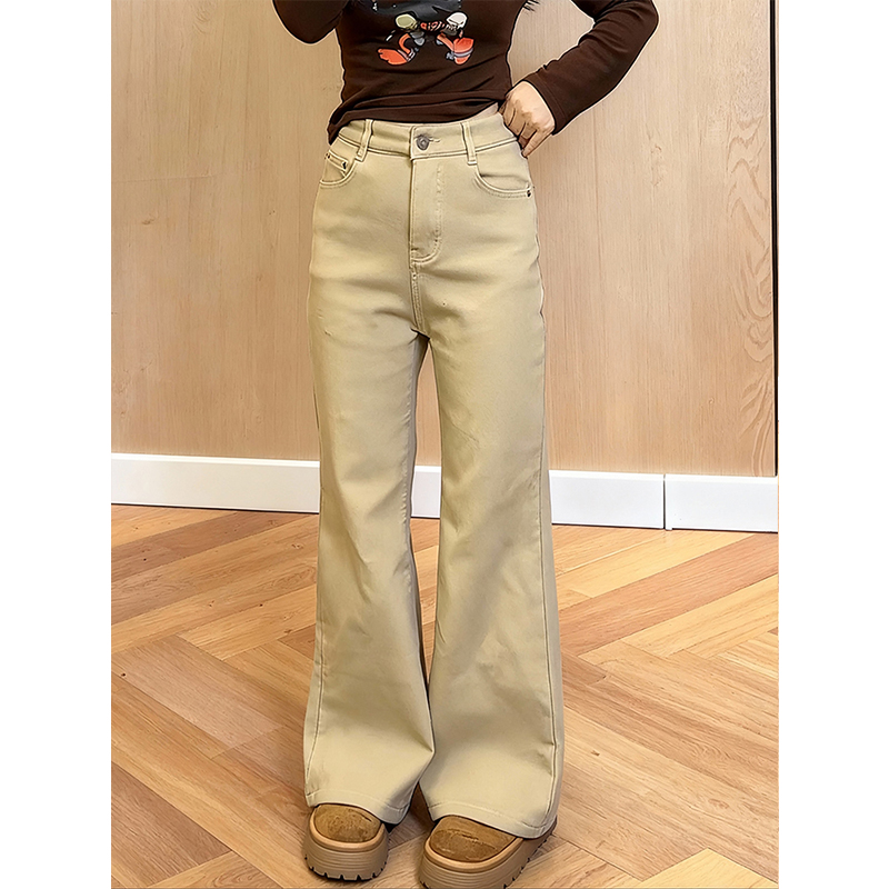 卡其色加绒加厚高级感微喇牛仔裤