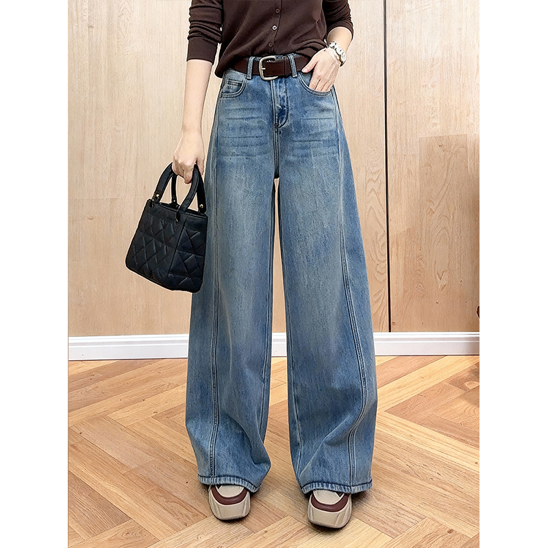 加绒加厚阔腿风高腰牛仔裤女2025