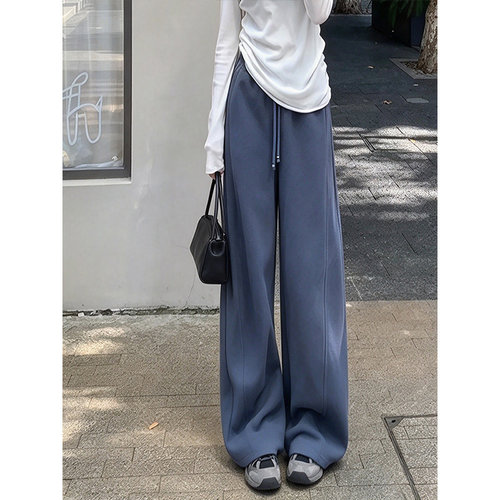 秋季复古蓝弯刀阔腿裤女高腰显瘦