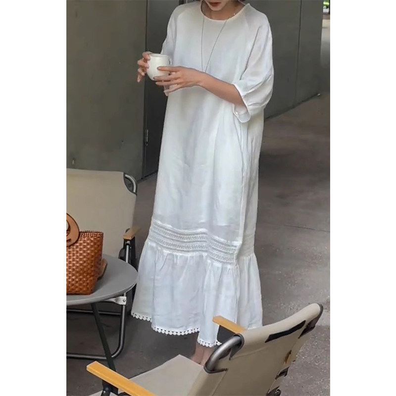 设计感廓形拼接白色连衣裙女2026春夏今年流行爆款温柔风气质长裙