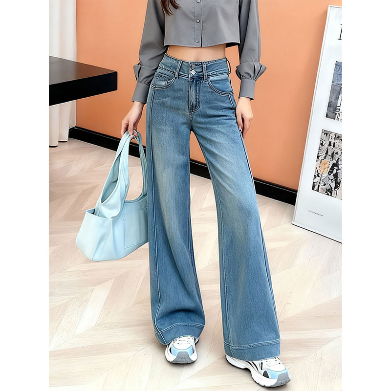 高腰微喇牛仔裤女蓝色显瘦