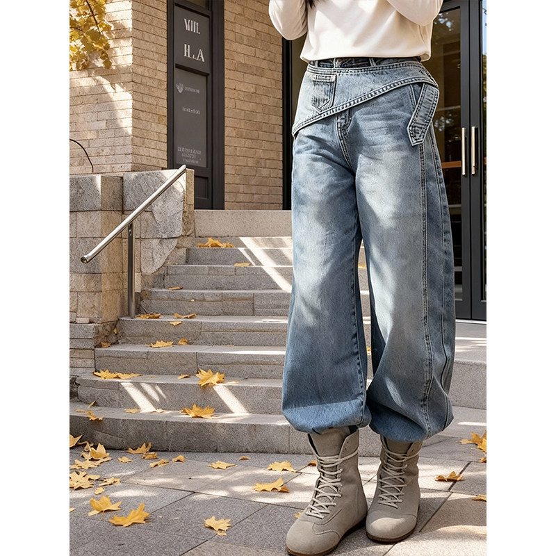 高腰百搭假两件设计遮胯牛仔裤女2026宽松阔腿显瘦遮肉休闲弯刀裤,女装/女士精品,大码裤装,淘宝优惠券,粉丝福利购,淘宝优惠卷