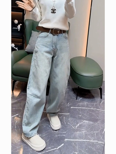 蓝色2025新款做旧弯刀牛仔裤