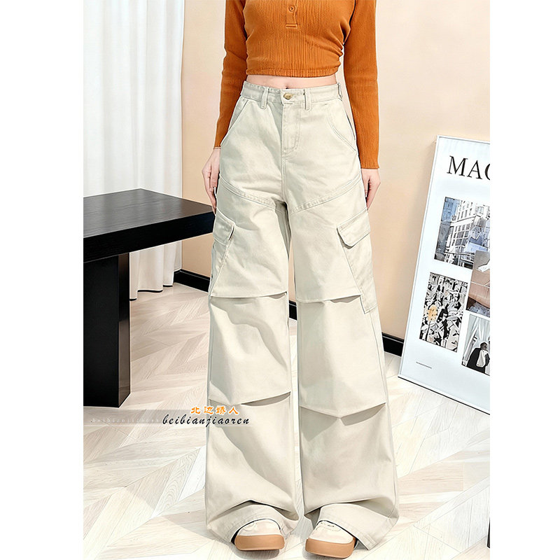 美式风格工装风阔腿裤女2026春季新款高腰显瘦多口袋宽松直筒长裤,女装/女士精品,大码裤装,淘宝优惠券,粉丝福利购,淘宝优惠卷