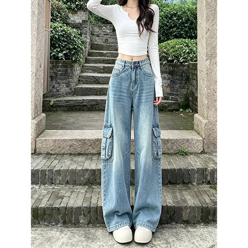 工装风多袋牛仔阔腿裤女高腰显瘦