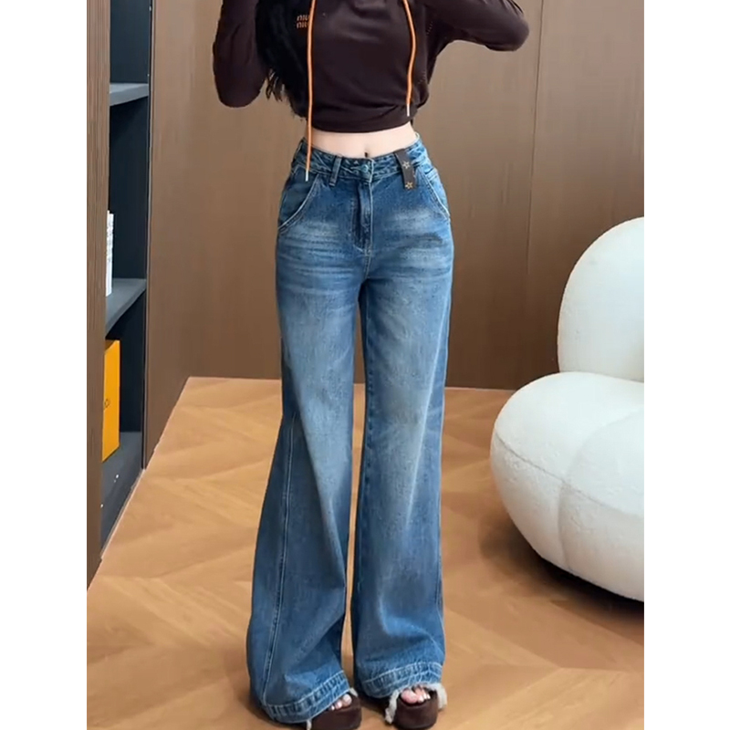 超好看复古高腰阔腿牛仔裤女2025