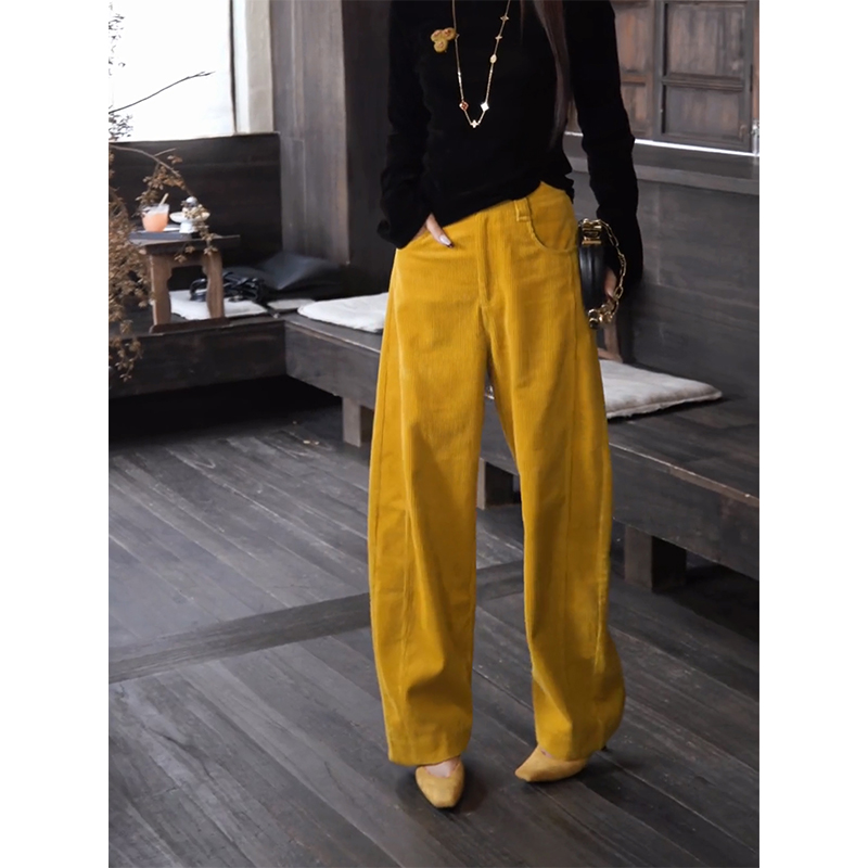 灯芯绒阔腿复古黄色休闲裤女2025