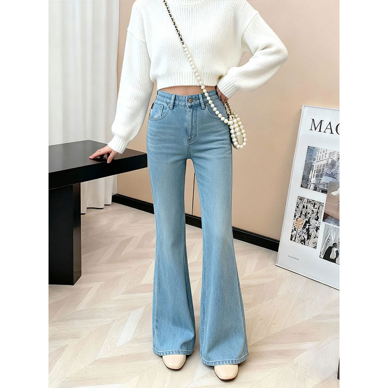 高腰修身微喇牛仔裤女蓝色提臀