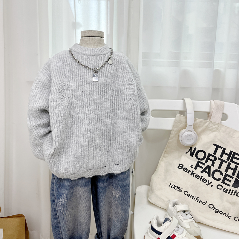 潮牌帅气秋冬男童毛线纯色破洞