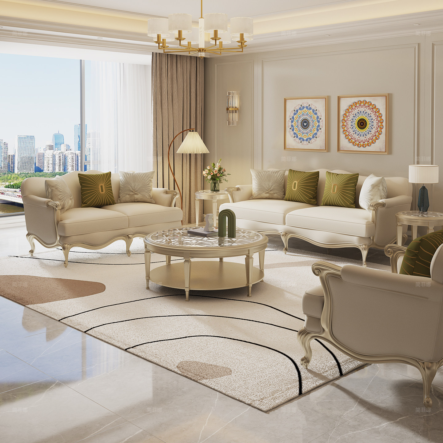 简菲娜美式洛可可实木沙发设计师高端别墅四人位真皮沙发皮布组合,住宅家具,实木沙发,淘宝优惠券,粉丝福利购,淘宝优惠卷