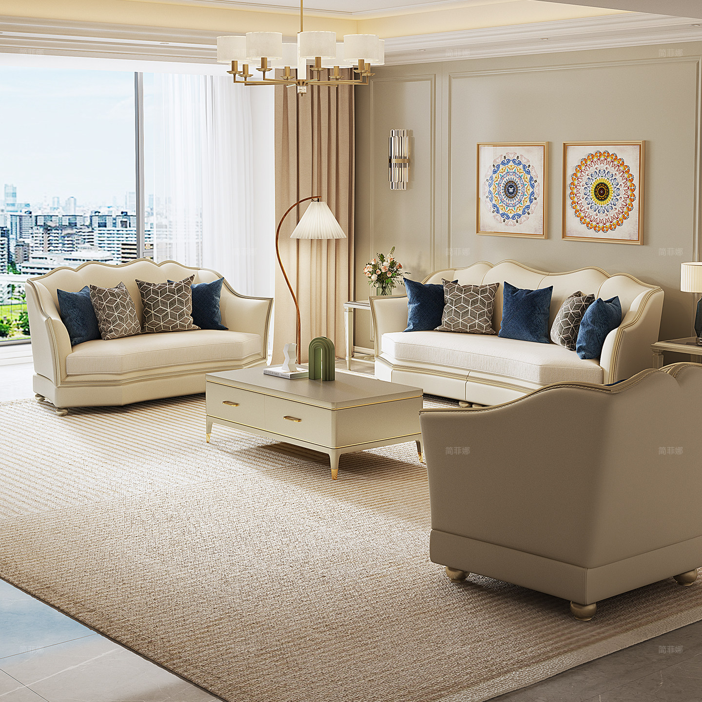 简菲娜轻奢美式爱丽丝花瓣皮布沙发真皮沙发组合高档别墅客厅沙发,住宅家具,皮布沙发,淘宝优惠券,粉丝福利购,淘宝优惠卷