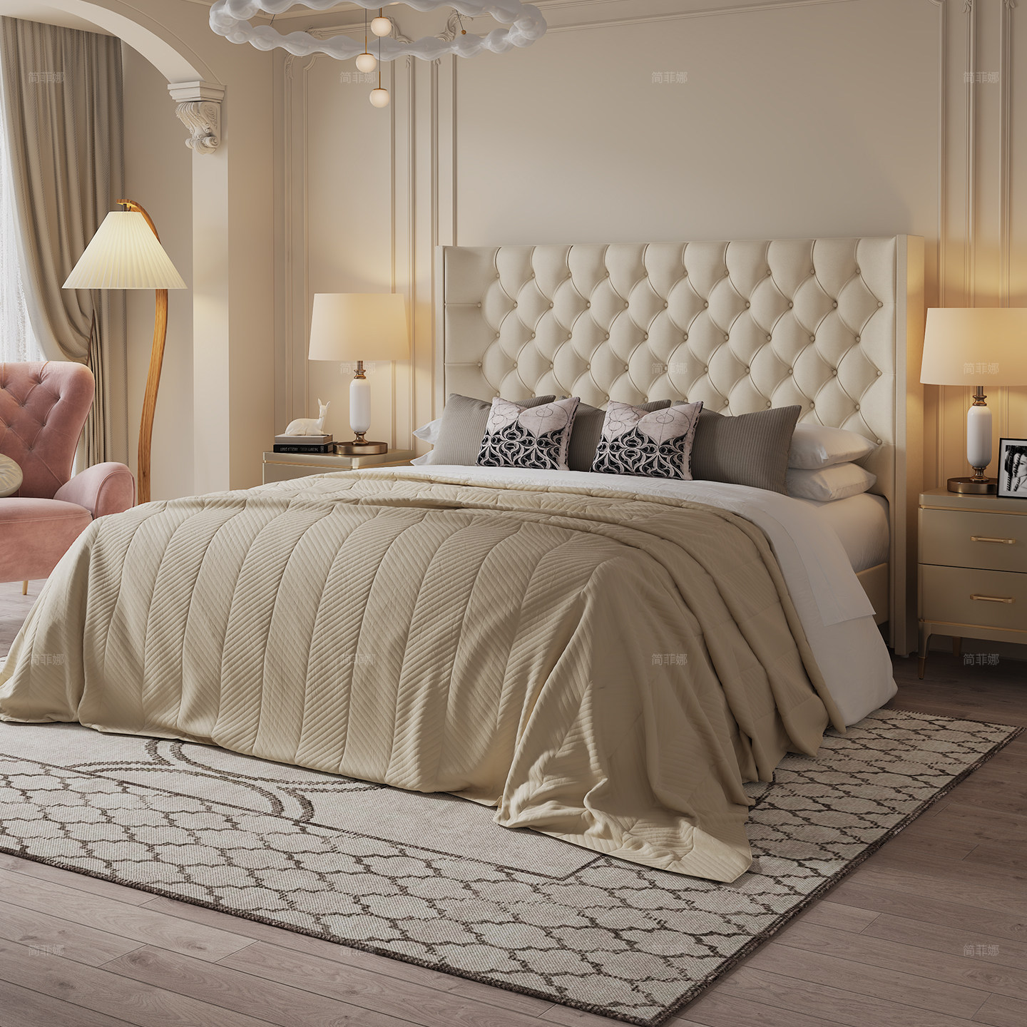 简菲娜法式宫廷风伊丽拉扣公主床奶油风女生床真皮床主卧双人大床