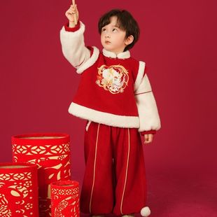 2025新款国风兄妹装拜年服冬季加绒加厚男女童套装刺绣唐装上衣潮