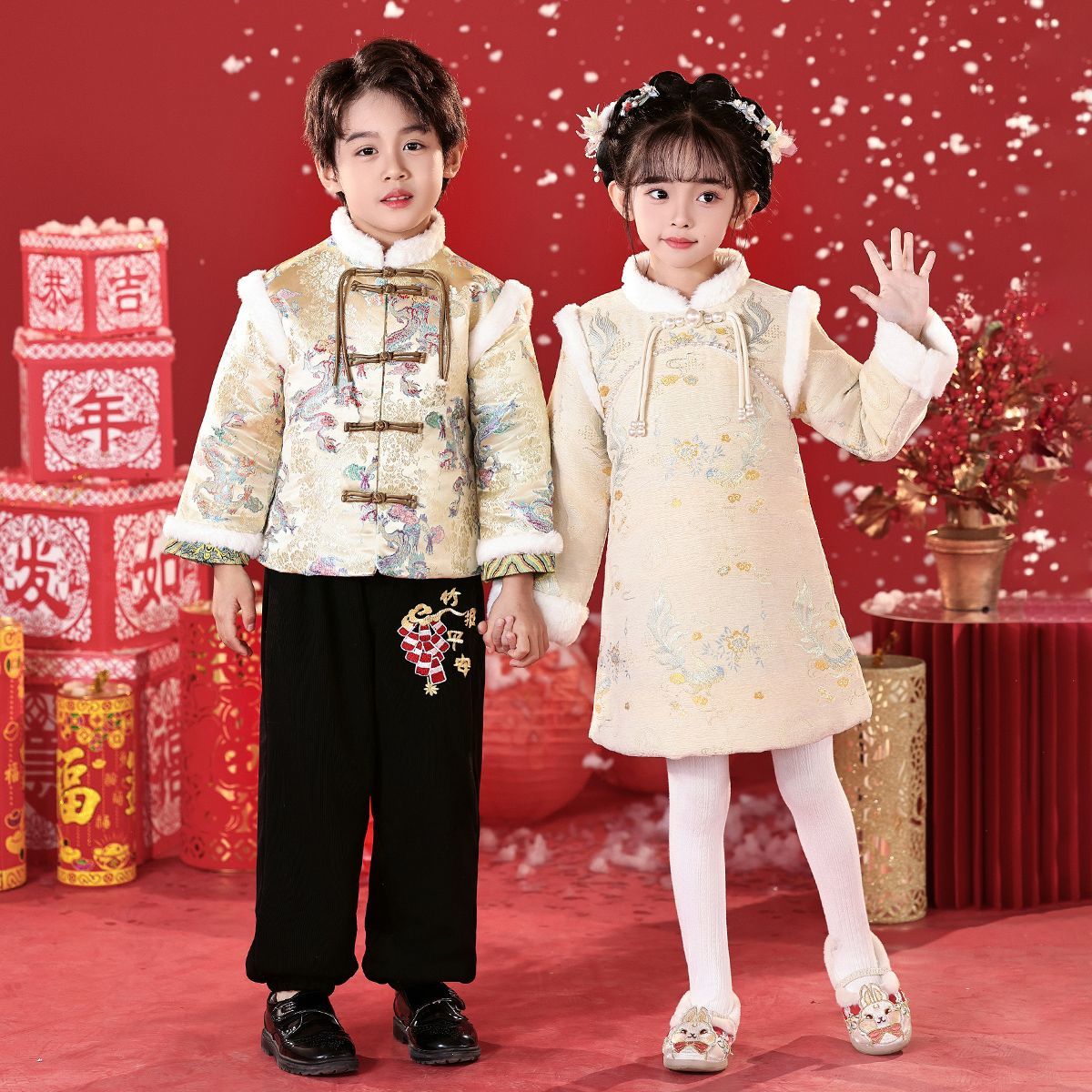 元旦儿童演出服加厚拜年服男女童幼儿园舞蹈服中国风喜庆表演服装
