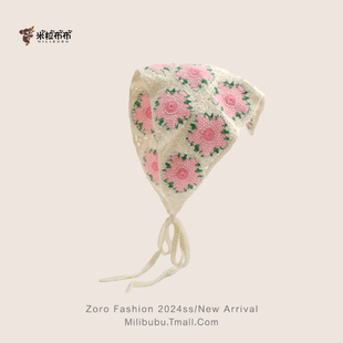 女孩出游拍照法式 镂空花卉三角巾亲子头饰女宝头巾夏 头巾女童韩版