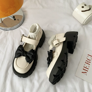厚底粗跟软底配裙子日系jk玛丽珍鞋 女2022新款 蝴蝶结小皮鞋 秋冬季